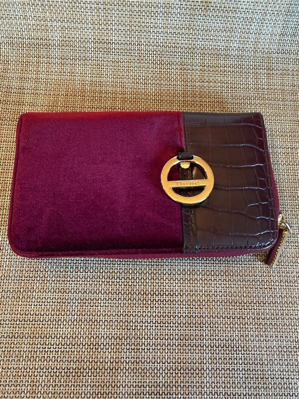 Dune London Burgundy Velvet & Croc Accent Wallet with Gold Hardware